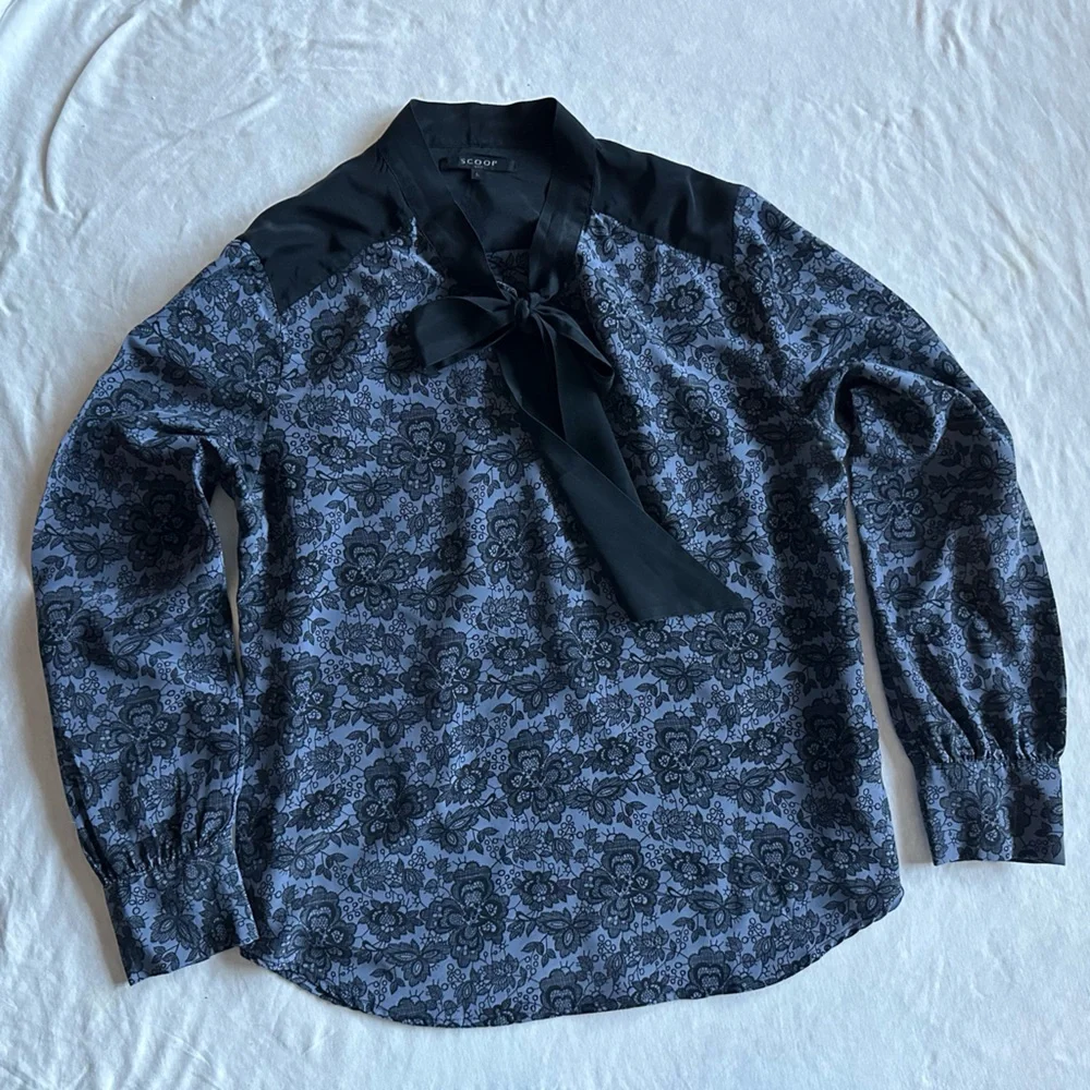 Scoop NYC Silk Large Black neck tie Dress Top - Picture 13 of 14